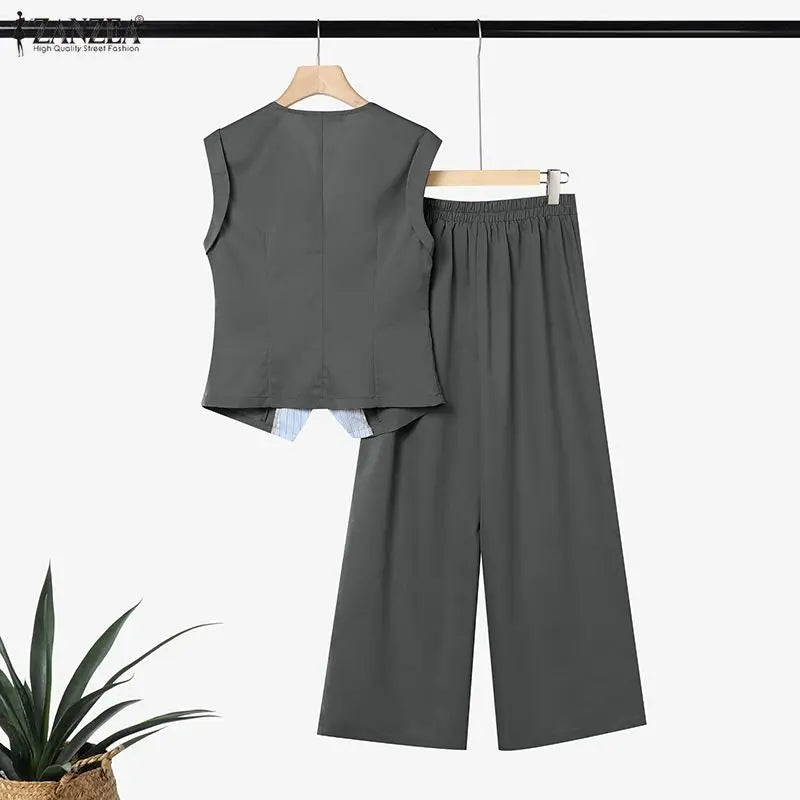 2026 ZANZEA Summer Lapel Neck Sleeveless Tanks Tops Trousers Suit Women 2 Piece Sets Elegant OL Work Pants Sets Patchwork Outfit