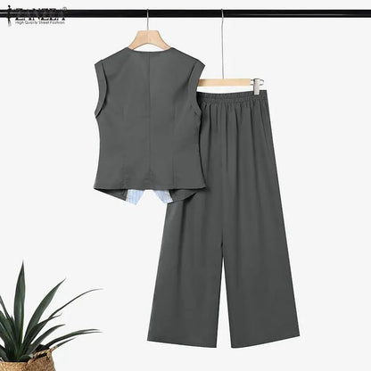 2026 ZANZEA Summer Lapel Neck Sleeveless Tanks Tops Trousers Suit Women 2 Piece Sets Elegant OL Work Pants Sets Patchwork Outfit