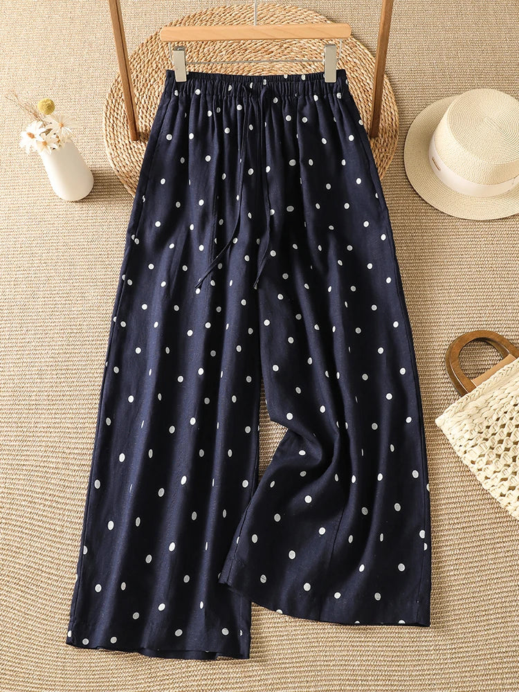 Polka Dot Wide Leg Pants Elastic Waist Tie Dye Slimming Loose Harlan Summer Vintage Style Ladies High Waist Straight Tube