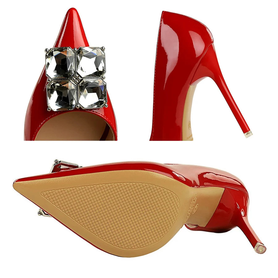 BIGTREE Shoes NEW Luxury High Heels Rhinestone Design Women Pumps Patent Leather Female Heels Stilettos Fashion Sexy Party Shoes