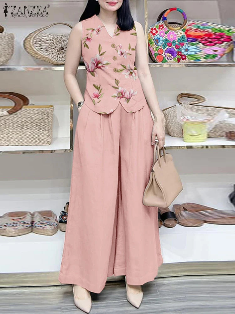 ZANZEA Elegant Women OL Work Pant Sets Summer 2PCS Outfits Casual Loose Wide Leg Trousers Suits Floral Tanks Tops Matching Sets
