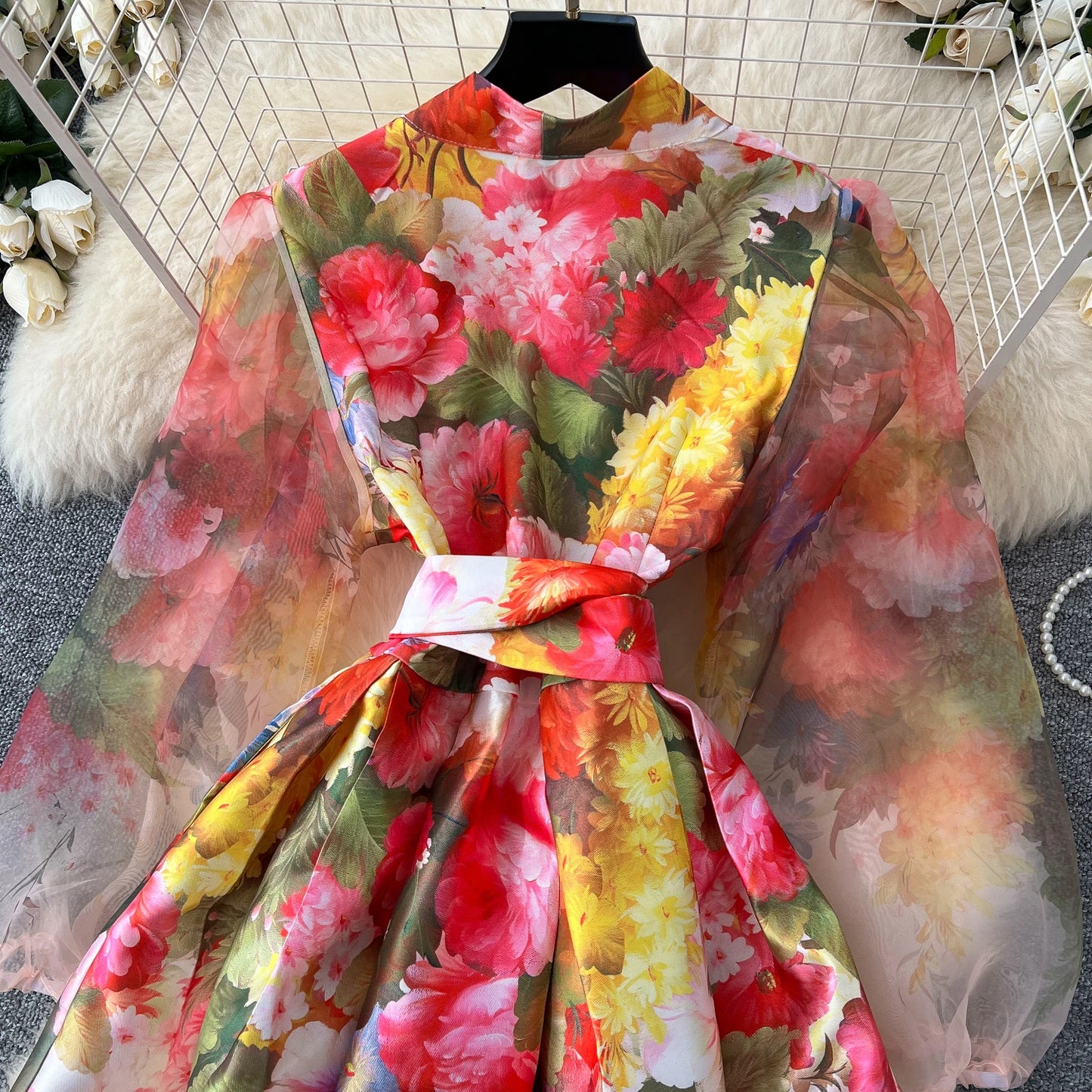 Women Dresses Mesh Long Dress Flower Print Lantern Sleeve V Neck Lace Up Tight Waist A Line Spring Maxi Gown Female Vestidos