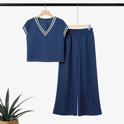 ZANZEA Women Fashion Pant Sets Summer Contrast-Trim Cap Sleeve Short Top & Wide Leg Pant 2 Pieces Sets Casual Pant Suits Outfits