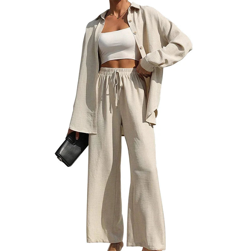 Women's Solid Button Front Shirt & Tie Front Wide Leg Pants Two-piece Set, Casual Drop Shoulder Long Sleeve Blouse Top & Trouser