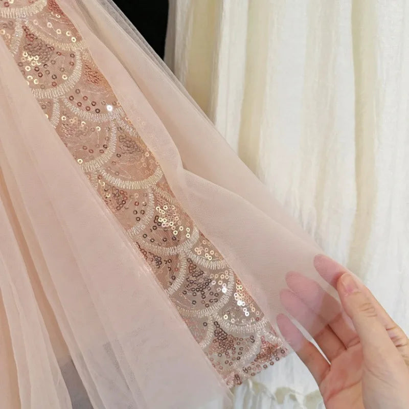 Sequins Mesh Dress For Girls Kids Summer Dress Children Fishtail Gauze Skirt For Party Night Graduation Ceremony Birthday Prom