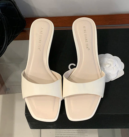 Casual Pull On Square High Heel Slippers Women Summer Footwear Suede Light Blue Backless Slide Brand Designer Party Dress Shoes