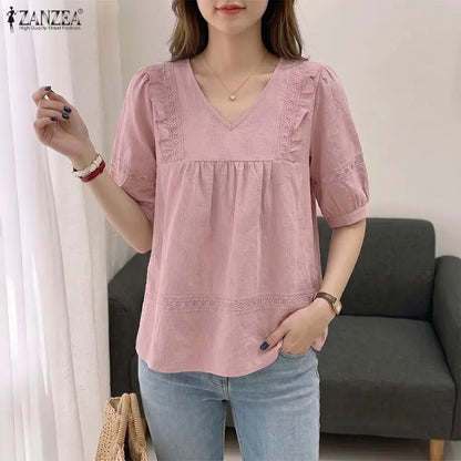 ZANZEA Women Blouse Lace Patchwork Tops Ruffles Tee Casual Summer V Neck Puff Half Sleeve Blusas OL Work Party Tunic Streetwear