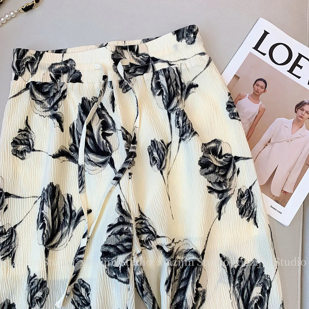 New Spring and Summer Black and White Classic Color Chinese Romantic Small Floral Print Women's Plus Size Wide-leg Trousers