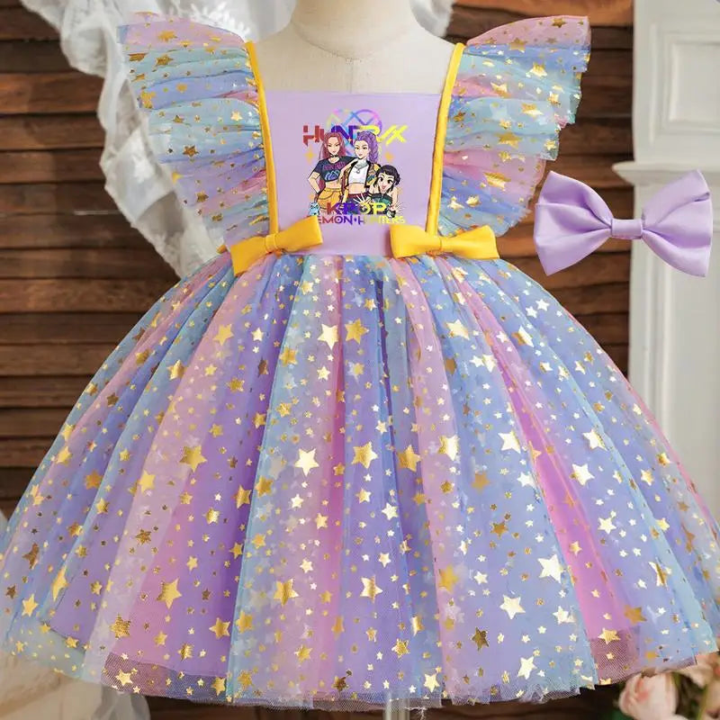 K-Pop Hunters Zoey Rumi Princess Dress for Girls Sequined Star Ruffle Bow Tutu Baby Formal Gala Prom Gown Kids Party Costume