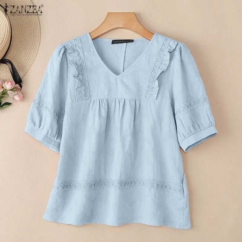 ZANZEA Women Blouse Lace Patchwork Tops Ruffles Tee Casual Summer V Neck Puff Half Sleeve Blusas OL Work Party Tunic Streetwear