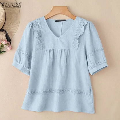 ZANZEA Women Blouse Lace Patchwork Tops Ruffles Tee Casual Summer V Neck Puff Half Sleeve Blusas OL Work Party Tunic Streetwear