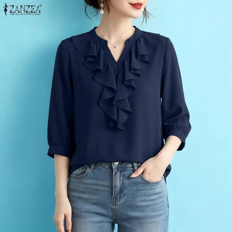 ZANZEA Women Ruffles Blouses Summer 3/4 Sleeve Tops Solid Color Fashion Tee V Neck Blusas Streetwear OL Work Tunic Female