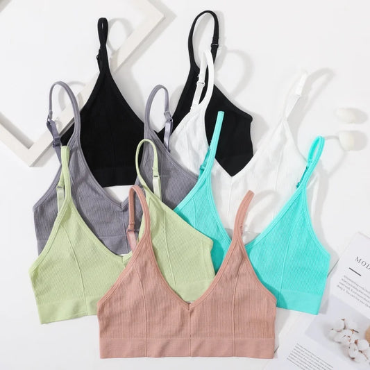 Women Ribbed V-Neck Wireless Bra Solid Color Knit Bralette Stretch Thin Straps Liner-Free No Chest Pads Lingerie Daily Intimates