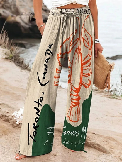 Women's New High Waist Loose Casual Wide Leg Print Pants Summer Beach EU US Style Comfy Flowy Trousers