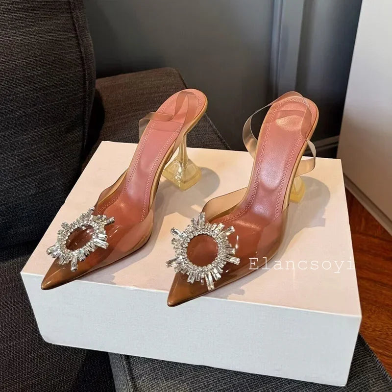 Summer Crystal Flower High Heels Women Transparent PVC Cup Heels Sandals Pointed Toe Back Strap Sandalias Sexy Party Dress Shoes