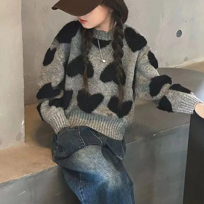 Girls' Autumn Winter 2025 Korean Style Heart Print Knit Sweater Kids' Pullover Trendy