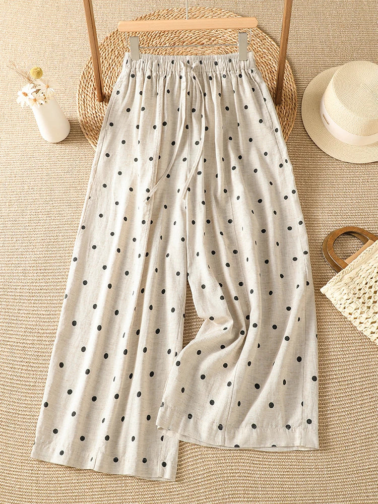Polka Dot Wide Leg Pants Elastic Waist Tie Dye Slimming Loose Harlan Summer Vintage Style Ladies High Waist Straight Tube