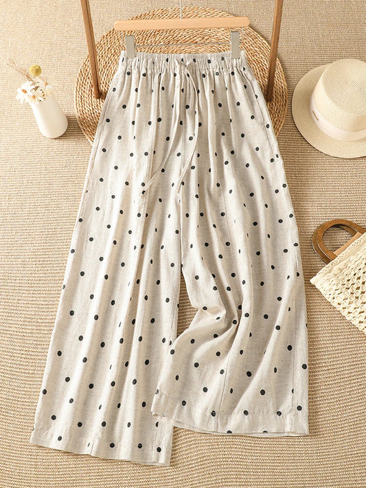 Polka Dot Wide Leg Pants Elastic Waist Tie Dye Slimming Loose Harlan Summer Vintage Style Ladies High Waist Straight Tube