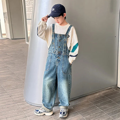 Kids Denim Jumpsuit Dungarees For Teenage Boys Fashion Streetwear Overalls Child Strap Jeans Suspenders Bib Pants Cowboy Clothes