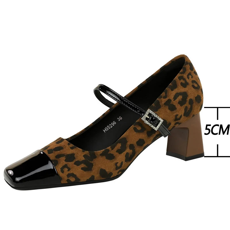 BIGTREE Shoes Leopard Print Women Pumps Suede Middle Heel Shoes Sexy Mary Jane Shoes Rhinestone Buckle Ladies Shoes Square Head