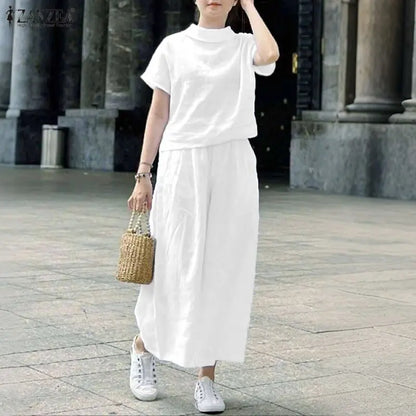 ZANZEA Women's Loose Pant Sets Collared Short Sleeve Tops & Wide Leg Pants 2 Pieces Suits Daily Casual Solid Color 2pcs Outfits
