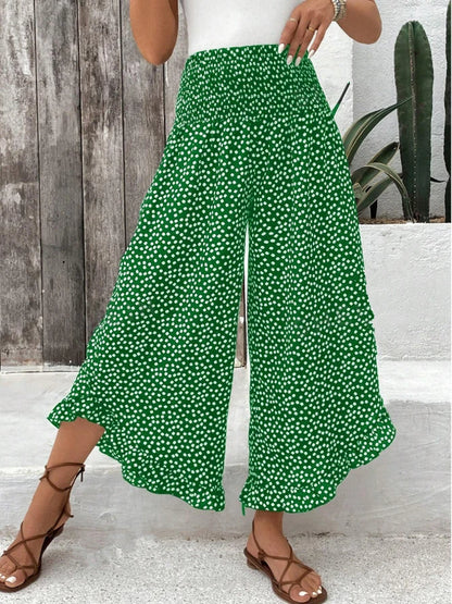 Women's Floral Wide Leg Nine-Point Pants Stretch High Waist Ruffled Slit Hem Casual Summer Beach Flowing Lightweight Pants