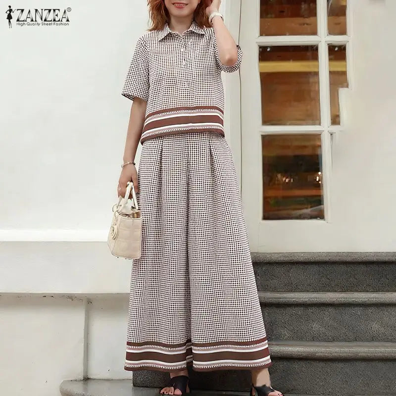 2026 ZANZEA Summer Pant Sets Fashion Women 2 Piece Sets Short Sleeve Shirt Wide Leg Trousers Suit Plaid Outfits Office Tracksuit