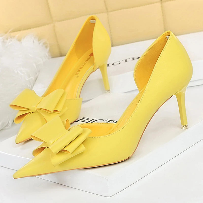 BIGTREE Shoes Pu Leather Kitten Heels Bowknot Stiletto Heels 7.5 Cm Women Pumps Fashion High-heeled Shoes Sexy Wedding Shoes