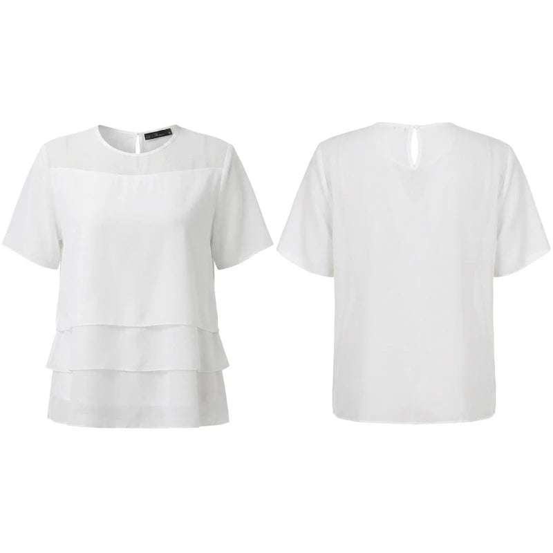 ZANZEA Women's Chiffon Sheer Blouses Elegant O-Neck Short Sleeve Layered Design Pullover Tops Classy Solid Color Blusas de Mujer