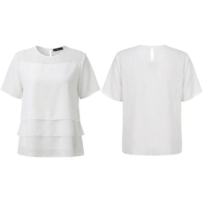 ZANZEA Women's Chiffon Sheer Blouses Elegant O-Neck Short Sleeve Layered Design Pullover Tops Classy Solid Color Blusas de Mujer