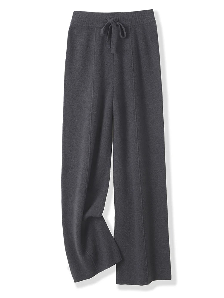 100% Merino Wool Pants Women Autumn Winter Casual Wide Leg Trousers Middle Seam Style Knitted Cashmere Soft Lace-up Trendy Pants