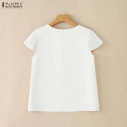 ZANZEA Woman Daily Casual Blouses Pleated Cap Sleeves Round Neck Solid Color Regular Fit Tops 2026 Summer Commute Work Blusas