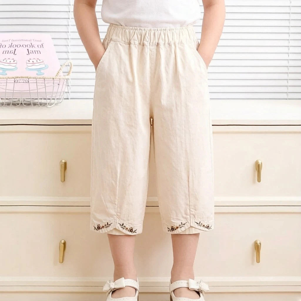 Girls' Embroidered Lace Trim Trousers Spring Summer Korean Country Garden Style Loose Fit Breathable Versatile Everyday Wear