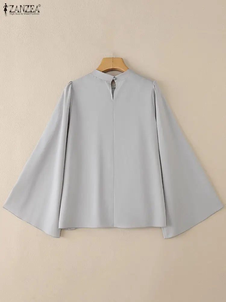 ZANZEA Elegant Chic Plisse Women Blouses Stand Collar Long Flare Sleeve Solid Color Pleated Tops Autumn Fashion Woman Clothes