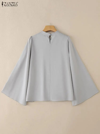 ZANZEA Elegant Chic Plisse Women Blouses Stand Collar Long Flare Sleeve Solid Color Pleated Tops Autumn Fashion Woman Clothes