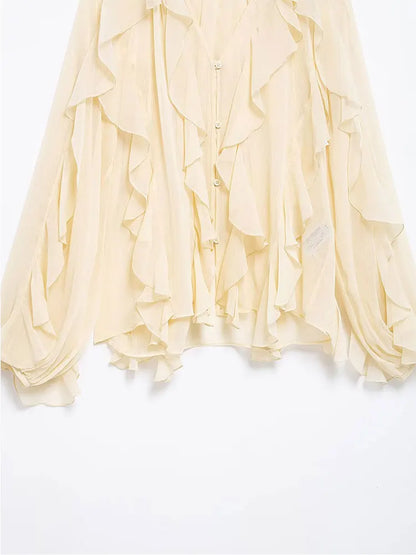 Women's Casual Ruffled Shirt Loose Lace Up Hollow Out V Neck Tops 2025 Spring Blouses Women Clothes