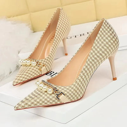 BIGTREE Shoes 2026 Spring Women Pumps Pearl Metal Chain High-heels Checked Grain Stilettos Women Heels Luxury Banquet Shoes 43