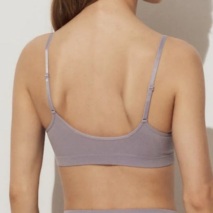 Women Ribbed V-Neck Wireless Bra Solid Color Knit Bralette Stretch Thin Straps Liner-Free No Chest Pads Lingerie Daily Intimates