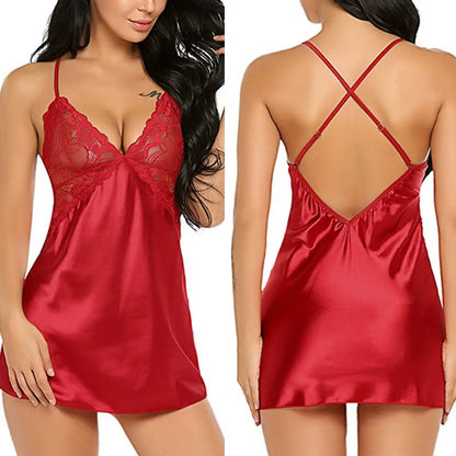 Hot Lingerie Porno Nightdress Sexy Sleepwear Large Size Night Dress Babydoll Women Satin Nightwear Erotic Lace Underwear Pajamas