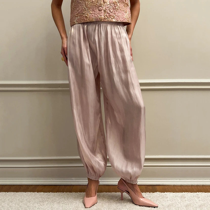 Linad Elegant Pink Crepe Loose Bloomers For Woman Street Chic Pleated Trousers Female Autumn Vintage High Waist Long Pants 2025