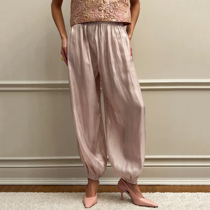 Linad Elegant Pink Crepe Loose Bloomers For Woman Street Chic Pleated Trousers Female Autumn Vintage High Waist Long Pants 2025