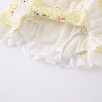 2026 Summer Baby Romper Cute Duck Floral Embroidery Ruffle Trim Bodysuit for Girls Plaid Sleeveless Infant Clothes