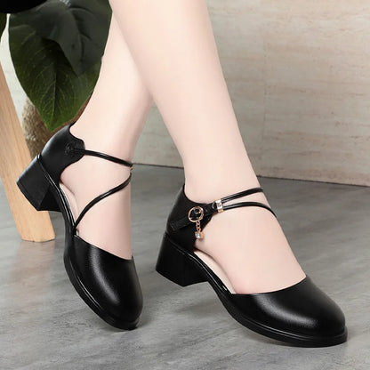 2025 New Sandals Women's Mid-Heel Soft Leather Shoes Thick Heel Summer One-Button Hollow Comfortable And Elegant Mother's Shoes