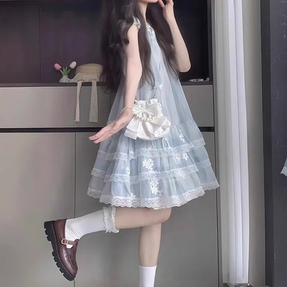 2026 summer Kids Girls SKY BLUE lace sleeveless mesh floral Princess Teenager New layered Dress Clothing 3 4 8 9 12 14 Years