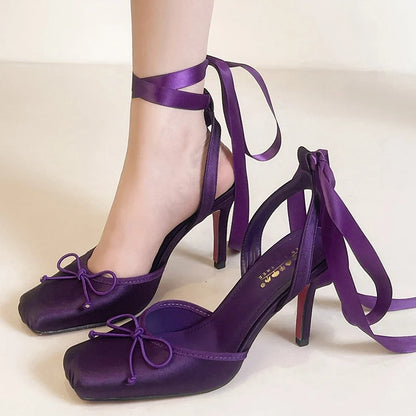 BIGTREE Shoes Square Toe High Heels Silks Satins Women Pumps Stiletto 9 cm Heels Bowknot Strap High-Heeled Sandals Women Summer