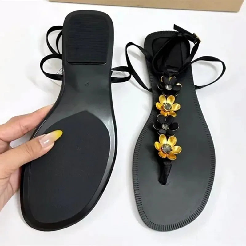 Luxury Metal Flower Decoration Flat Sandals Women Sexy Peep Toe Ankle Strap Flip Flops Summer Fashion Comfortable Beach Sandals