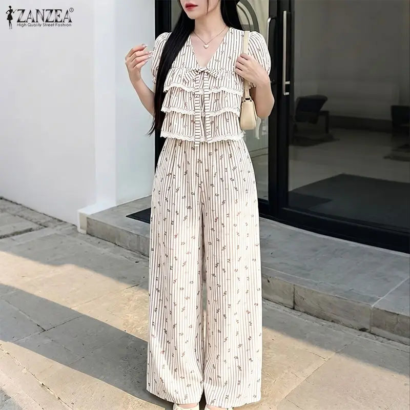 ZANZEA Women Striped 2 Piece Matching Pant Sets Layered Ruffles Lace Trim Short Blouses & Wide Leg Pants Suits Casual Outfits
