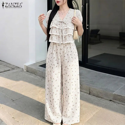ZANZEA Women Striped 2 Piece Matching Pant Sets Layered Ruffles Lace Trim Short Blouses & Wide Leg Pants Suits Casual Outfits