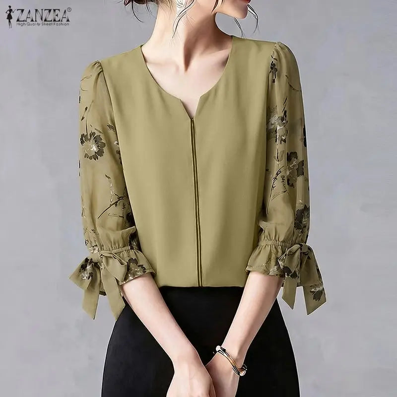 ZANZEA Womens Sophisticated Elegant Blouses Floral Printed 3/4 Puff Sleeve Casual Tops Summer V-Neck Pullover Blusas de Mujer