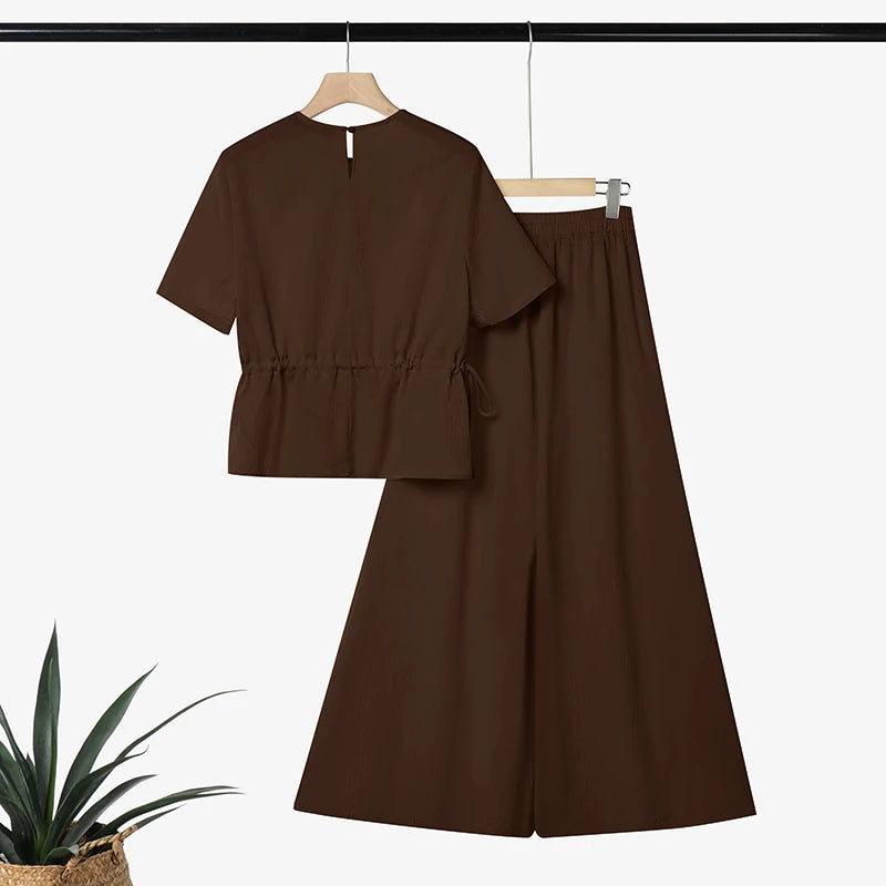 ZANZEA Fashion Women 2 Pieces Sets Summer Office Outfits Casual O Neck Short Sleeve Drawstring Blouse Pants Sets Solid Tracksuit
